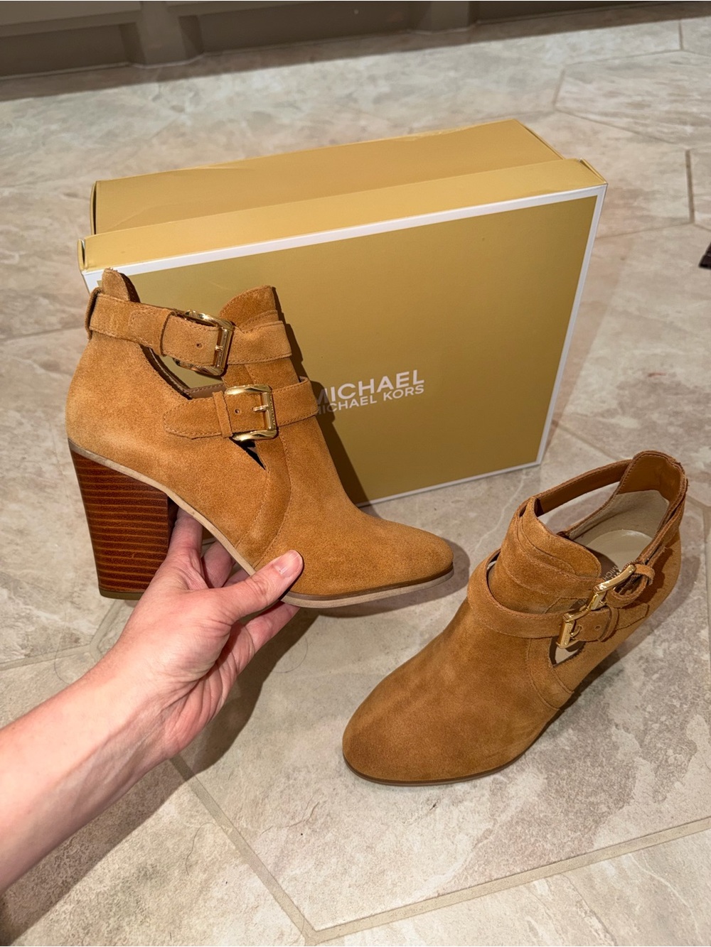 Michael Kors Suede Ankle Booties in Acorn Brown with Gold Buckles - Picture 5 of 7